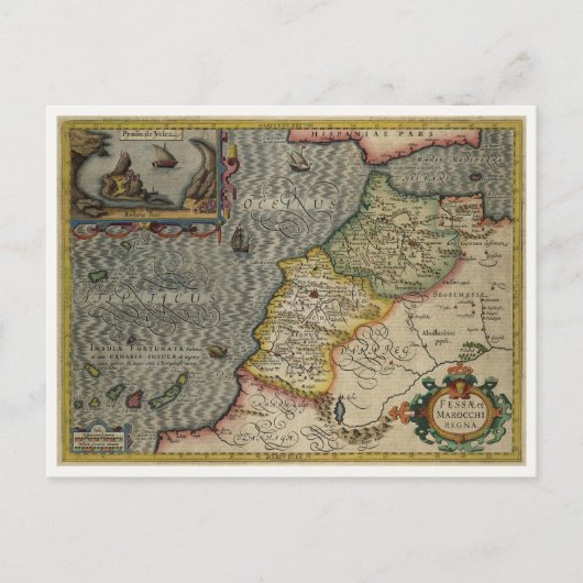 1606 Map Fez en het Koninkrijk Marokko door Hondiu Briefkaart (Voorkant)