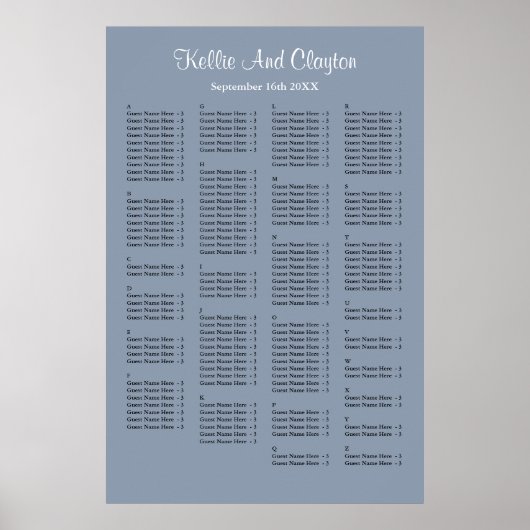 160 Blue Simple Wedding Seating Chart Poster (Voorkant)