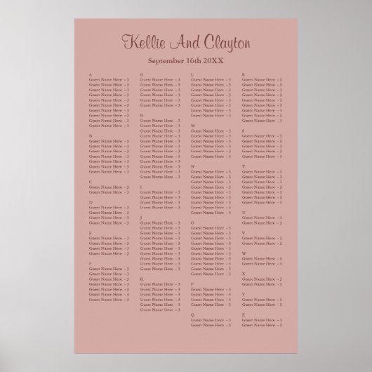 160 Cinnamon Roos Simple Wedding Seating Chart Poster (Voorkant)