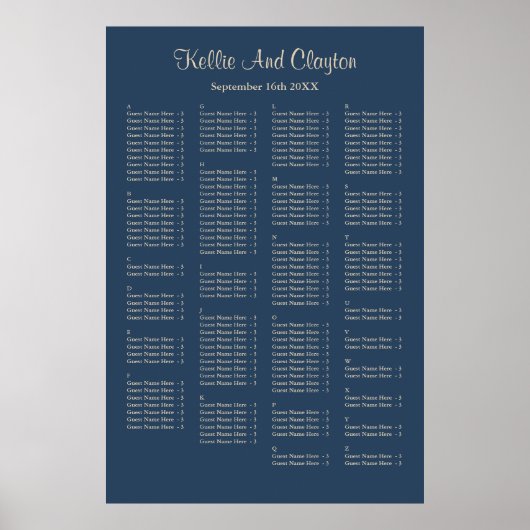 160 Classic Blue Simple Wedding Seating Chart Poster (Voorkant)