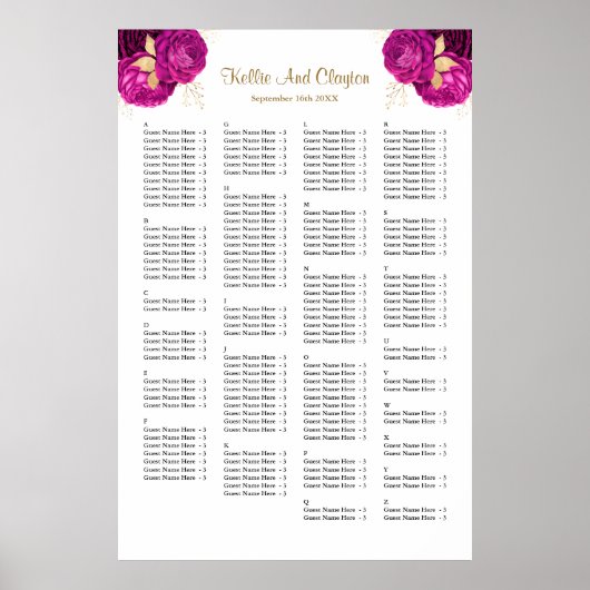 160 Roze en gouden Floral Wedding Seating Chart Poster (Voorkant)