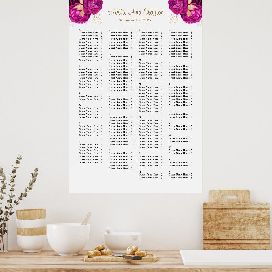 160 Roze en gouden Floral Wedding Seating Chart Poster (Keuken)