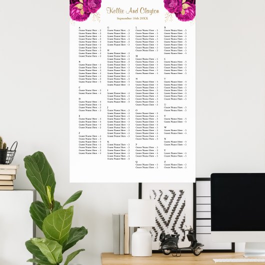 160 Roze en gouden Floral Wedding Seating Chart Poster (Thuiskantoor)