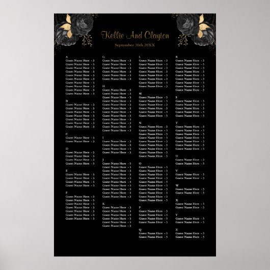 160 Zwarte en gouden Floral Wedding Seating Chart Poster (Voorkant)