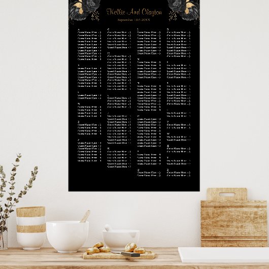 160 Zwarte en gouden Floral Wedding Seating Chart Poster (Keuken)