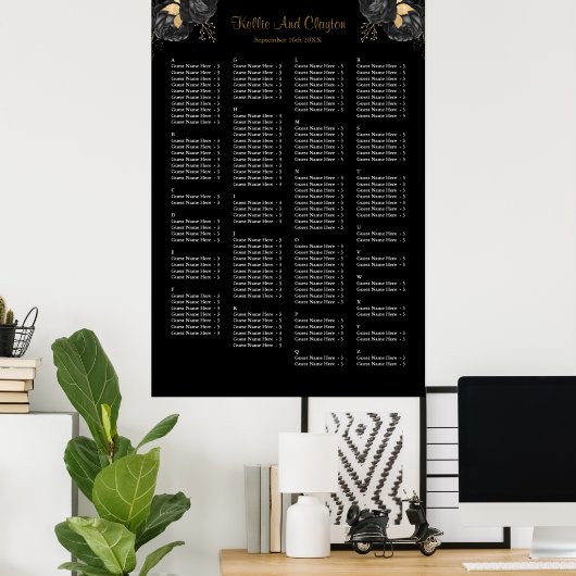 160 Zwarte en gouden Floral Wedding Seating Chart Poster (Thuiskantoor)