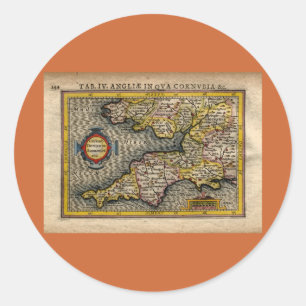1610 Kaart van Cornwall, Devon, Somerset, enz. Ronde Sticker