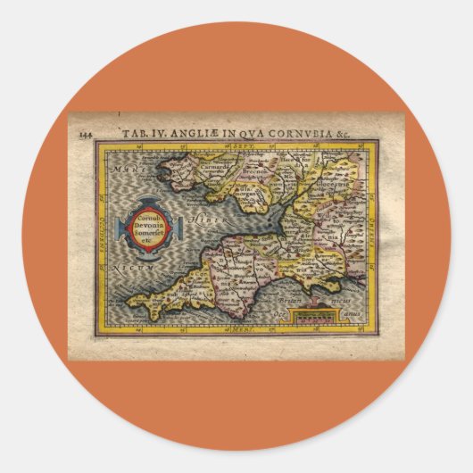1610 Kaart van Cornwall, Devon, Somerset, enz. Ronde Sticker (Voorkant)
