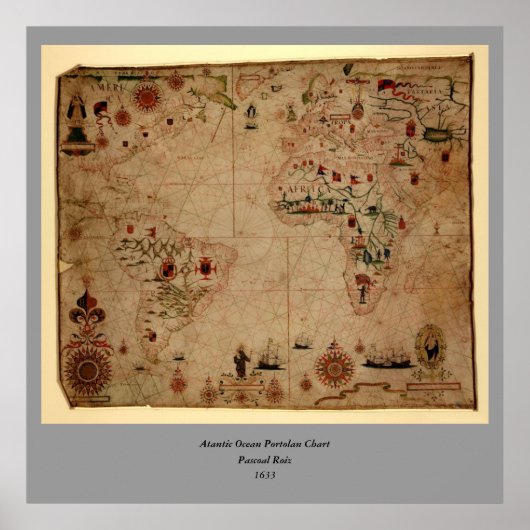 1633 Atantic Ocean Portolan Chart - Pascoal Roiz Poster (Voorkant)