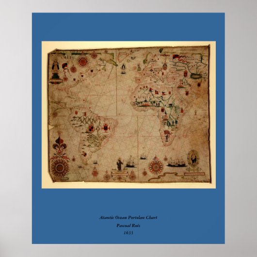 1633 Atantic Ocean Portolan Chart - Pascoal Roiz Poster (Voorkant)