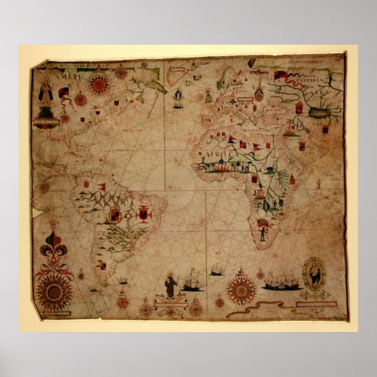 1633 Atantic Ocean Portolan Chart - Pascoal Roiz Poster (Voorkant)