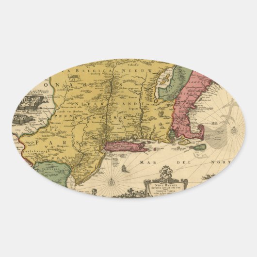 1685 Map - New Belgium, The New World, New England Ovale Sticker (Voorkant)