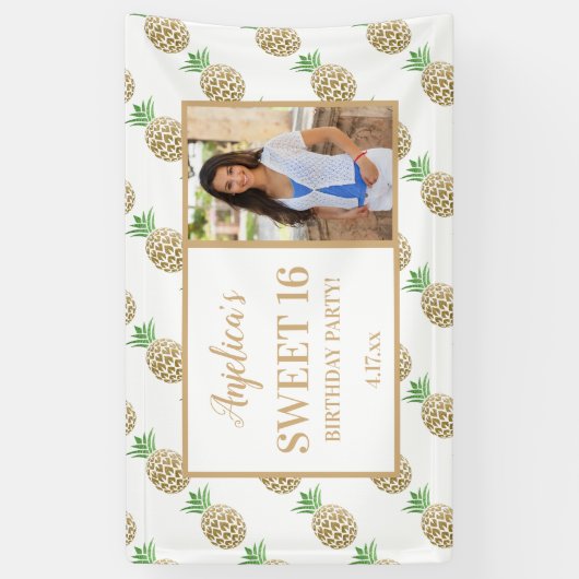 16 Birthday Gold White Pineapple Foto Spandoek (Verticaal)
