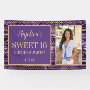 16 Birthday Paars Gold Boho Foto Spandoek