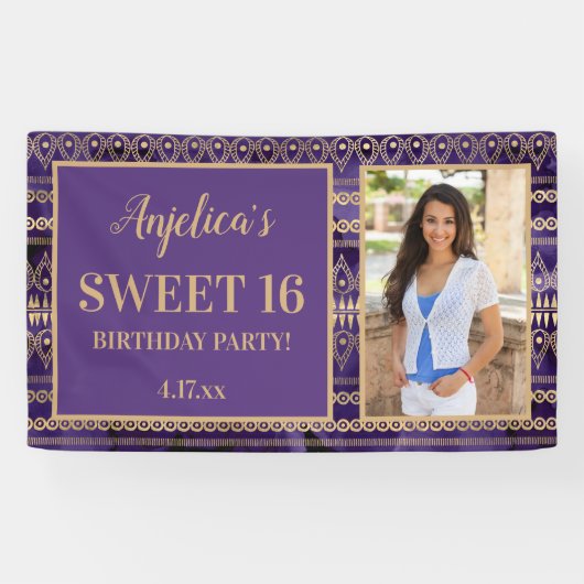 16 Birthday Paars Gold Boho Foto Spandoek (Horizontaal)