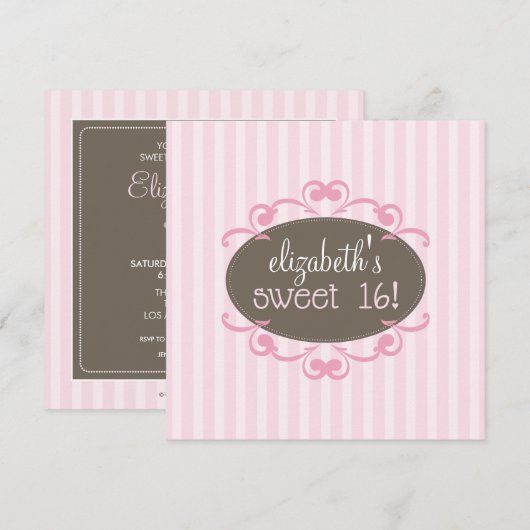 16 Birthday Party Invitation (roze) Kaart (Voorkant / Achterkant)