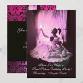 16 BIRTHDAY PARTY, PINK PAARSE ZWARTE DAMASK KAART (Voorkant / Achterkant)