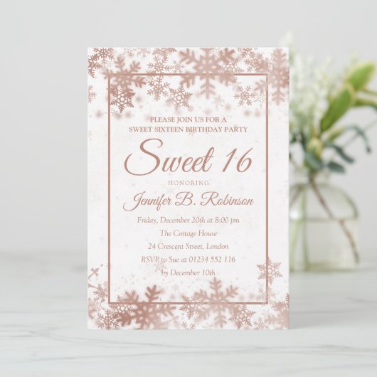 16 Birthday Roos Gold White Foil Snowflakes Kaart (Staand voorkant)