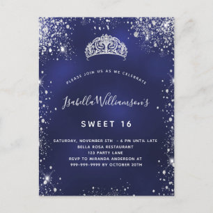 16 blauwe zilverglitterstof tiara crown uitnodiging briefkaart