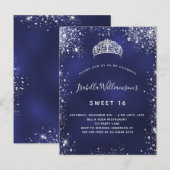 16 blauwe zilverglitterstof tiara crown uitnodiging briefkaart (Voorkant / Achterkant)