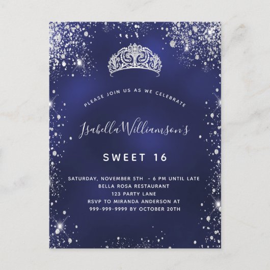 16 blauwe zilverglitterstof tiara crown uitnodiging briefkaart (Voorkant)