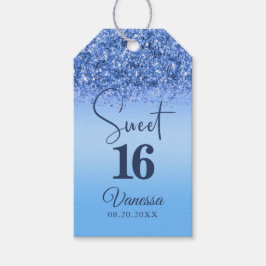 16 Blue Faux Glitter Girly Birthday Gift Label Cadeaulabel