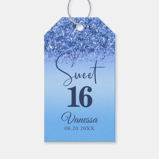 16 Blue Faux Glitter Girly Birthday Gift Label Cadeaulabel (Voorkant)