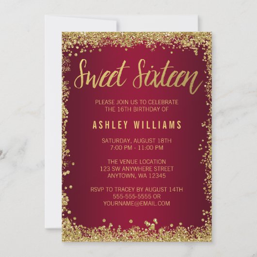 16 Bourgogne Gold Glitter Birthday Invitation Kaart (Voorkant)