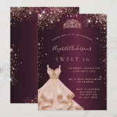 16 bruine roos gouden glitter jurk tiara kaart (Voorkant / Achterkant)