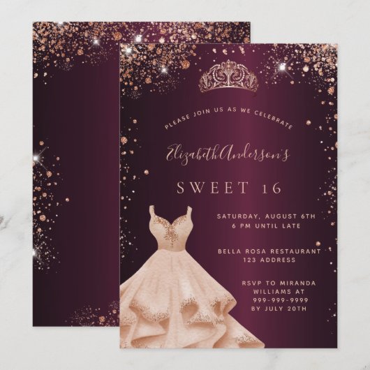 16 bruine roos gouden glitter jurk tiara kaart (Voorkant / Achterkant)