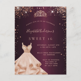 16 bruine roos gouden glitter jurk tiara uitnodiging briefkaart