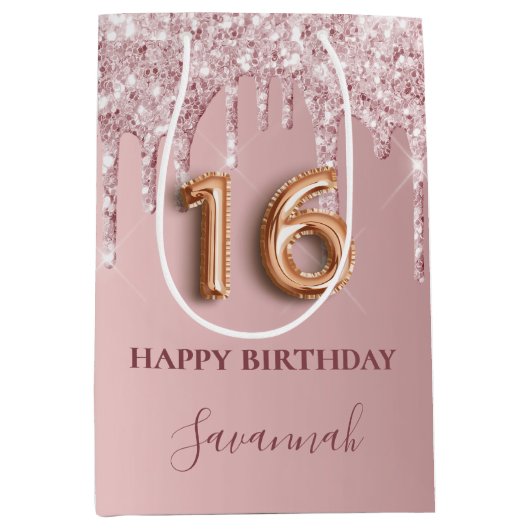 16 druppelroze druppels monogram 16e medium cadeauzakje (Voorkant)