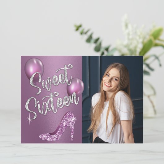 16 Elegant Paars-fotomeisje 16e verjaardag Kaart (Staand voorkant)