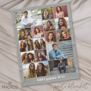 16 Foto Collage - Aangepaste tekst - Grijs en Wit Fleece Deken