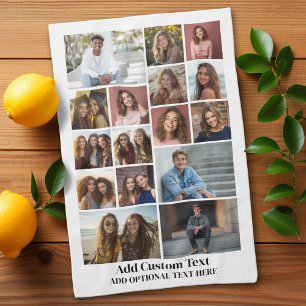 16 Foto Collage - Aangepaste Tekst - Zwart en Wit Theedoek