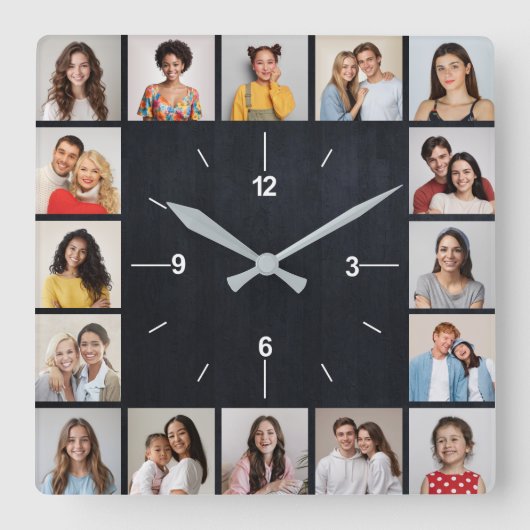 16 Foto Collage Dark Faux Wood Fence Vierkante Klok (Voorkant)