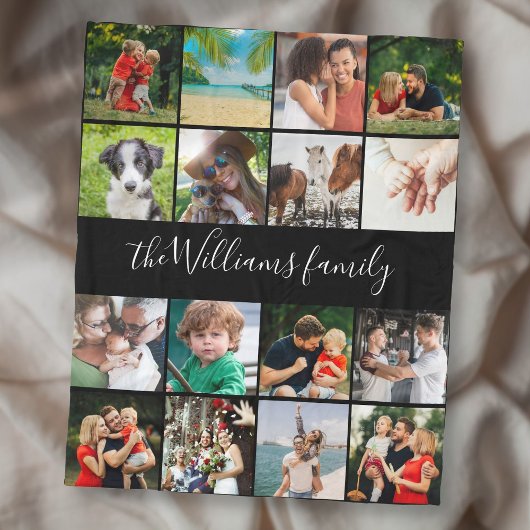 16 Foto Collage Familie Script Naam Fleece Deken