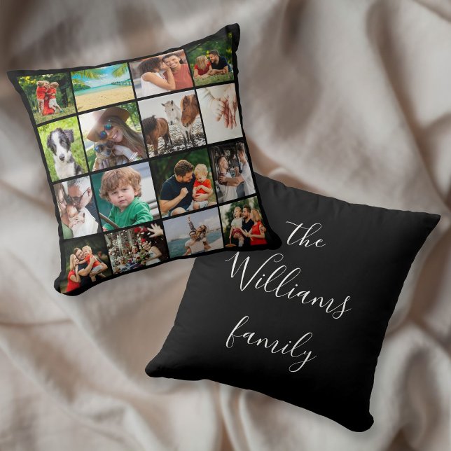 16 Foto Collage Familie Script Naam Kussen (16 Photo Collage Family Script Name Throw Pillow)