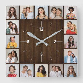 16 Foto collage Rustic Dark Brown Wood Fence Vierkante Klok