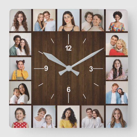 16 Foto collage Rustic Dark Brown Wood Fence Vierkante Klok (Voorkant)