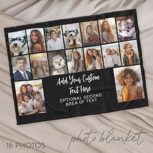 16 foto-raster - 2 regels tekst - zwart wit fleece deken