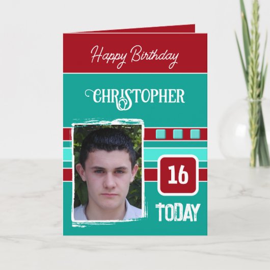 16 foto voor hem is een rode groene verjaardag kaart (Voorkant)
