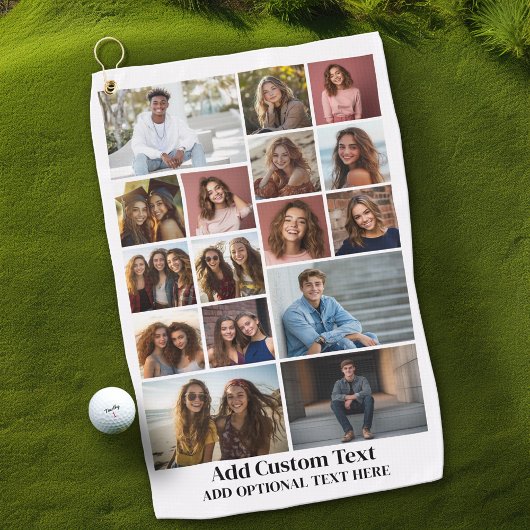16 Fotocollage - Aangepaste tekst - Zwart en wit Golfhanddoek