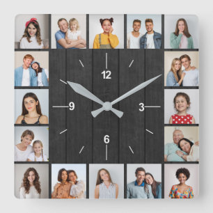 16 Fotocollage Donkergrijze Houten Schutting Vierkante Klok