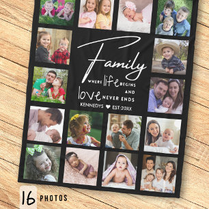 16 Fotocollage familienaam citaat zwart-wit Fleece Deken