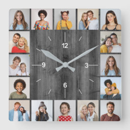 16 Fotocollage Lichtgrijze Faux Hout Omheining Vierkante Klok