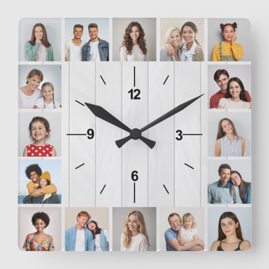 16 Fotocollage Rustieke Witte Faux Hout Omheining Vierkante Klok (Voorkant)