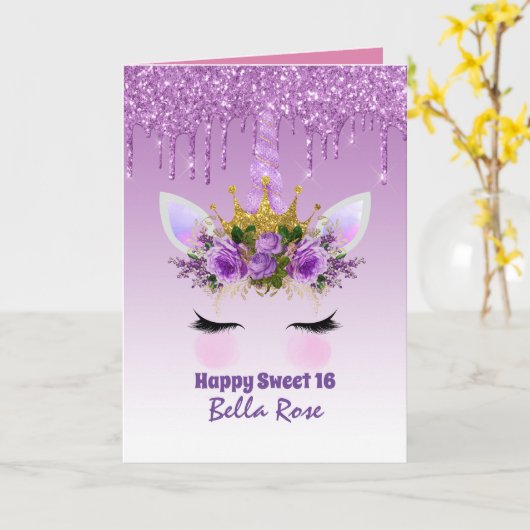 16 Gepersonaliseerde Cute Unicorn op de Kaart van  (Gele Bloem)