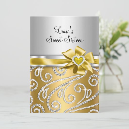 16 Gold Bow- en Sparkle Diamond-aankondigingen Kaart (Staand voorkant)