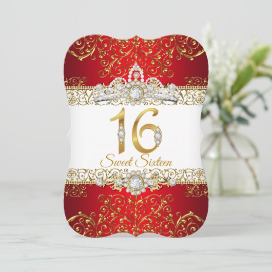 16 Gold Diamond Red Glamor Birthday Kaart (Staand voorkant)